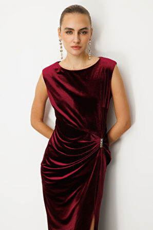 Ekol Kadın Beli Büzgülü Maxi Kadife Elbise 4141 Bordo