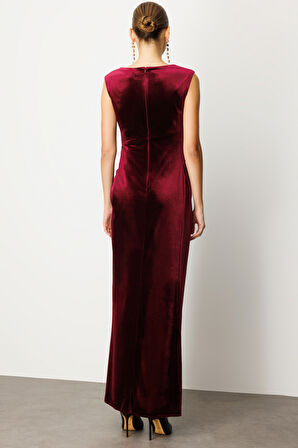 Ekol Kadın Beli Büzgülü Maxi Kadife Elbise 4141 Bordo