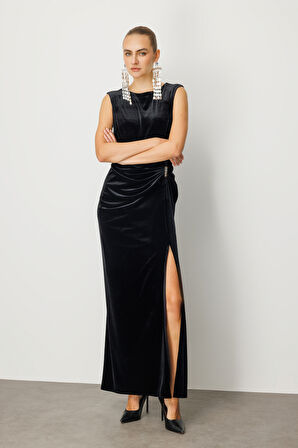 Ekol Kadın Beli Büzgülü Maxi Kadife Elbise 4141 Siyah