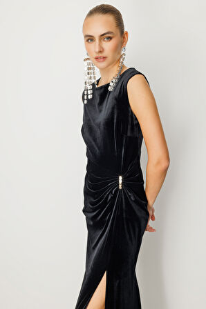 Ekol Kadın Beli Büzgülü Maxi Kadife Elbise 4141 Siyah