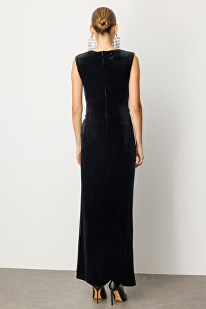 Ekol Kadın Beli Büzgülü Maxi Kadife Elbise 4141 Siyah