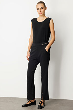 Ekol Kadın Paçası Taş Detaylı Metal Aksesuarlı Pantolon 1903 Siyah