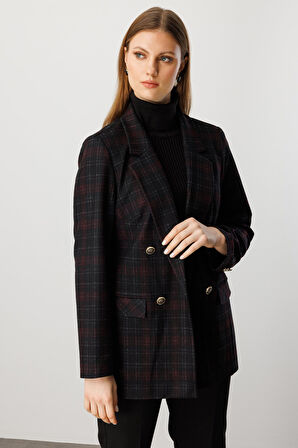 Ekol Kadın Büyük Beden Ekoseli Kapak Cepli Ceket 5539 Bordo