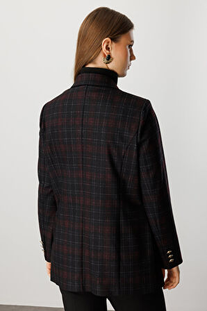 Ekol Kadın Büyük Beden Ekoseli Kapak Cepli Ceket 5539 Bordo