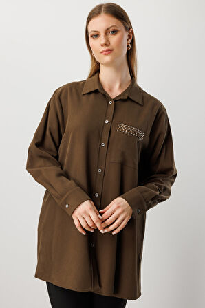 Ekol Kadın Büyük Beden Cebi Taş İşlemeli Gömlek 3561 Haki