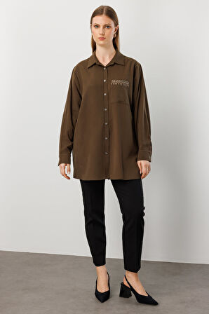 Ekol Kadın Büyük Beden Cebi Taş İşlemeli Gömlek 3561 Haki