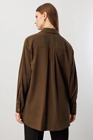 Ekol Kadın Büyük Beden Cebi Taş İşlemeli Gömlek 3561 Haki