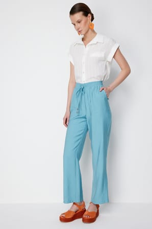 Ekol Kadın Beli Bağcıklı Bol Paça Pantolon 1204 Aqua