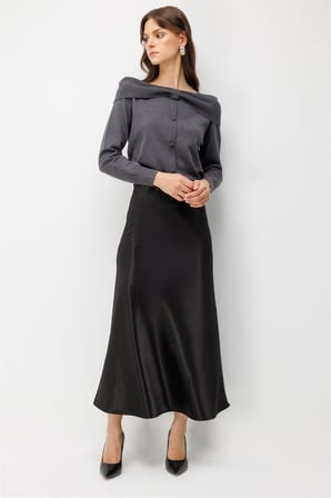 Ekol Kadın Beli Lastikli Maxi Saten Etek Siyah