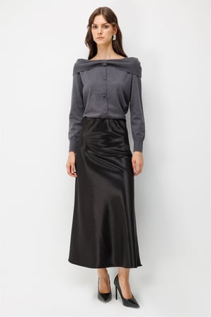 Ekol Kadın Beli Lastikli Maxi Saten Etek Siyah