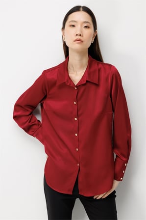 Ekol Kadın Polo Yaka Saten Gömlek Bordo