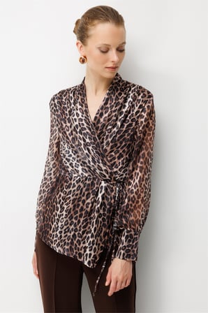 Ekol Kadın Leopar Desenli Bağcıklı Bluz Leopar