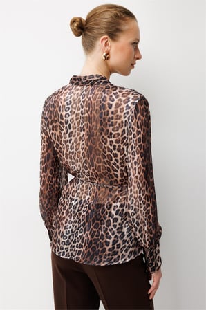 Ekol Kadın Leopar Desenli Bağcıklı Bluz Leopar