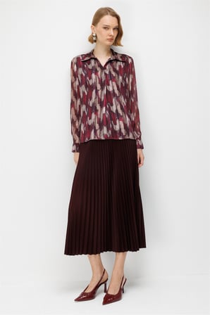 Ekol Kadın Desenli Polo Yaka Bluz Bordo