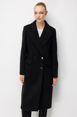 Ekol Kadın Kruvaze Kapak Cepli Uzun Kaşe Kaban Siyah