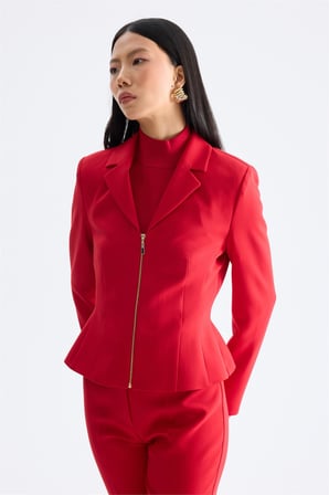 Ekol Kadın Fermuarlı Spor Dikişli Ceket Kırmızı
