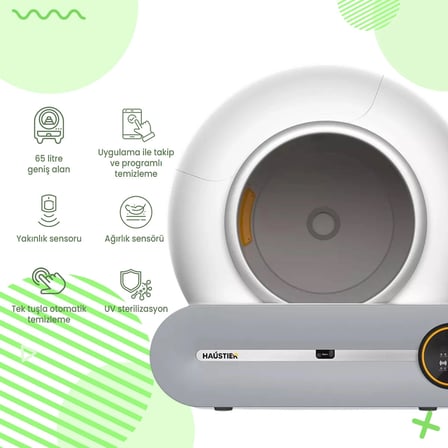 Haustier MSP-01 Akıllı Otomatik Kedi Tuvaleti, Tuya App-Wifi Uzaktan Kontrol, 65LT Hazne, 9lt Çöp Haznesi- İyonizer Koku Giderici, Ağırlık Sensörlü