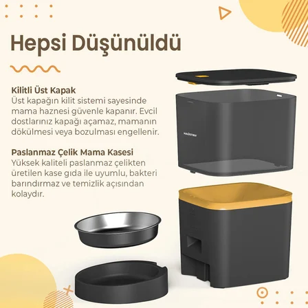 Haustier QQ003 Akıllı Kedi/köpek Otomatik Mama Kabı, App-Wifi ile Uzaktan Kontrol, Öğün Planlama,porsiyon Belirleme,6lt Hazne, Metal Kase, Siyah