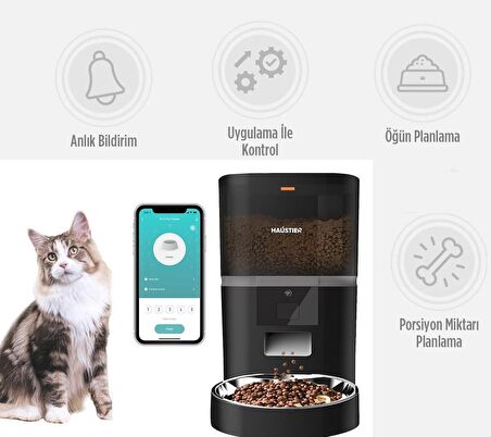 Haustier QQ003 Akıllı Kedi/köpek Otomatik Mama Kabı, App-Wifi ile Uzaktan Kontrol, Öğün Planlama,porsiyon Belirleme,6lt Hazne, Metal Kase, Siyah