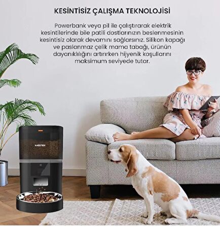 Haustier QQ003 Akıllı Kedi/köpek Otomatik Mama Kabı, App-Wifi ile Uzaktan Kontrol, Öğün Planlama,porsiyon Belirleme,6lt Hazne, Metal Kase, Siyah