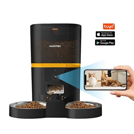 Haustier QQ005-Dual Kameralı Akıllı Kedi Köpek Otomatik Mama Kabı, App Uzaktan Kontrol, Sesle Çağırma, 480P Kamera, 6lt Hazne, Çift Metal Kase, Siyah