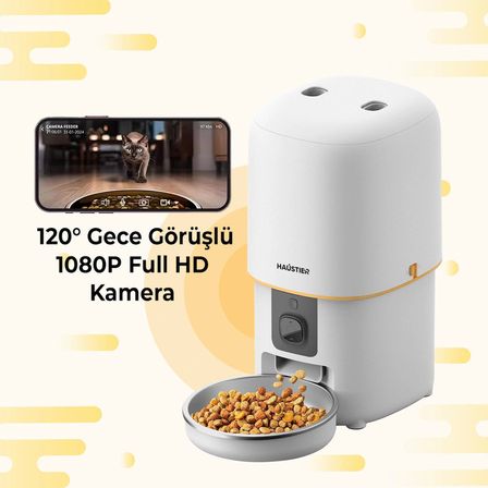 Haustier PF05 Kameralı 1080P FHD Gece Görüş Akıllı Kedi Köpek Otomatik Mama Kabı, Tuya App-Wifi Uzaktan Kontrol, Sesle Çağırma, 2.4Ghz-5Ghz, 4Lt hazne, Metal Kase ,Beyaz