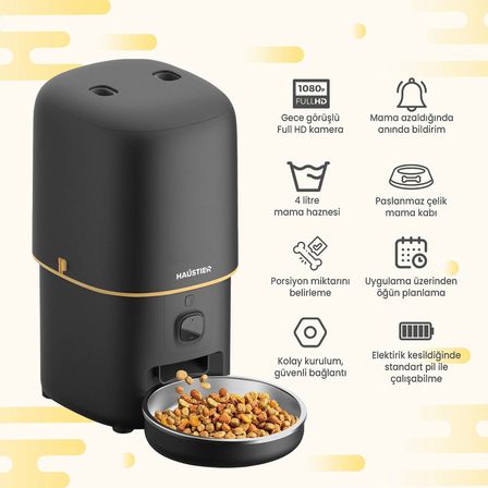 Haustier PF05 Kameralı 1080P FHD Gece Görüş Akıllı Kedi Köpek Otomatik Mama Kabı, Tuya App-Wifi Uzaktan Kontrol, Sesle Çağırma, 2.4Ghz-5Ghz, 4Lt hazne, Metal Kase ,Siyah
