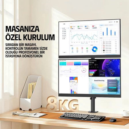 Ergoflex EF63 Steel Design 2-8 kg Çift Ekran Asansörlü 13"-32" Desktop Monitör Standı