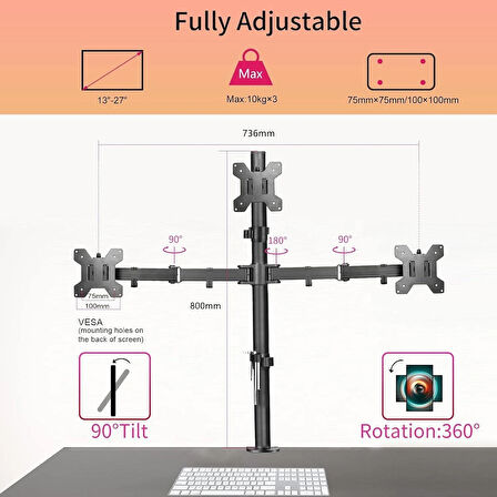 Ergoflex EF53 Steel Design 2-8 kg Üç Ekran Montaj Asansörlü 13-27inch Monitör Standı