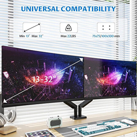 Ergoflex EF252D Çift Kol 13-32 inch Profesyonel Amortisörlü Monitör Standı