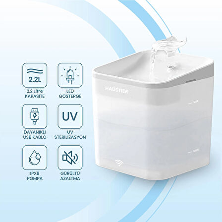 Haustier WF004 Akıllı Kedi Köpek Su Sebili Su Şelalesi Su Pınarı, UV Su Filtrelemeli - Smart Wifi - Tuya App, Ultra Sessiz, Beyaz