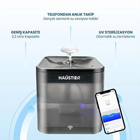 Haustier WF004 Akıllı Kedi Köpek Su Sebili Su Şelalesi Su Pınarı, UV Su Filtrelemeli - Smart Wifi - Tuya App, Ultra Sessiz, Siyah