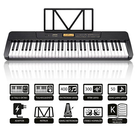Jwin JTK-3600 61 Tuş Hassasiyetli 5 Oktav Org Seti - Siyah
