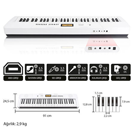 Jwin JTK-3600 61 Tuş Hassasiyetli 5 Oktav Org Seti - Beyaz