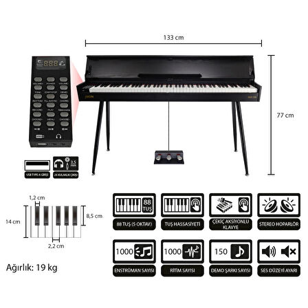 Jwin Sapphire SDP-115 Çekiç Aksiyonlu 88 Tuşlu Dijital Piyano - Siyah