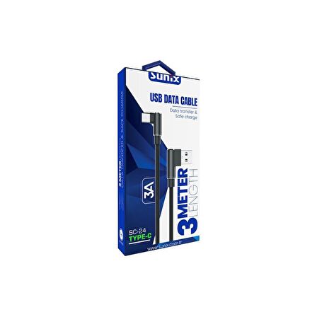 Sunix 3 Amper Type-C Data ve Şarj Kablosu 3 Metre Siyah SC-24