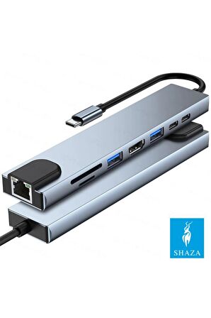 Shaza 8in1 USB Type-C Hub Port Adaptör HDMI USB Ethernet PD Girişli