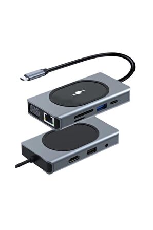 Shaza 9in1 USB Type-C Hub Port Adaptör 4K HDMI USB Ethernet Pd Girişli 15W Kablosuz Şarj