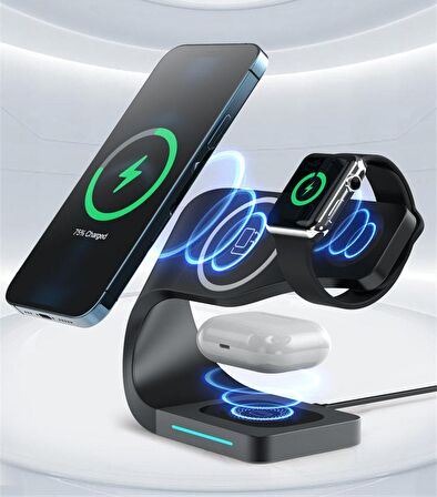 SHAZA 4in1 Megsafe 15W Hızlı Kablosuz Şarj İstasyonu İphone Airpods Watch Uyumlu Beyaz