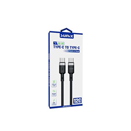 Sunix 120W USB-C / Type-C Şarj ve Data Kablosu Siyah SC-120
