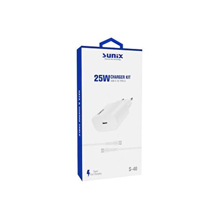 Sunix 25W USB-C Girişli Süper Hızlı Şarj Aleti Type-C / Type-C Set Beyaz S-40