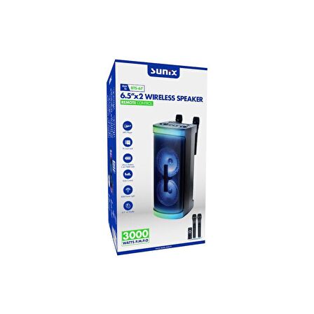 Sunix 3000 Mah Çift Miktofonlu 6.5"x2 İnç Led Işıklı Bluetooth Hoparlör BTS-67