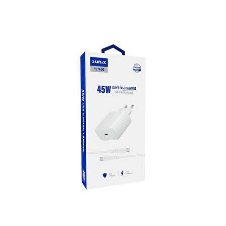 Sunix 45W USB-C Süper Hızlı Şarj Aleti Seti Type-C Beyaz S-50