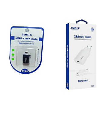 2.6A USB-A Girişli Micro(Luna) Kablolu Şarj Aleti Seti Beyaz S-27 +  Micro to USB-A Adaptör (OTG)