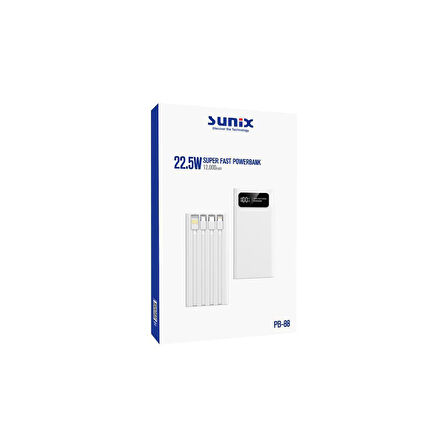 Sunix 12.000 Mah 22.5W Kendinden Kablolu Süper Hızlı Powerbank Beyaz PB-88