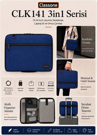 XYZ 3in1 Serisi XYZ141 13,14 inch Uyumlu Tablet, Laptop El ve Omuz Çantası - Lacivert