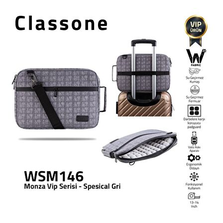 Classone WSM146 13-14 inch Uyumlu Su Geçirmez Kumaş Fermuar Macbook Laptop Notebook Çantası Gri