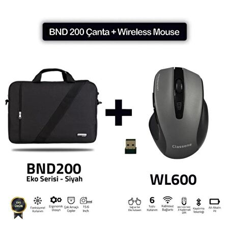  Classone BND200 Eko Serisi 15.6 inç. Notebook Çantası-Siyah + WL600 Wireless Mouse