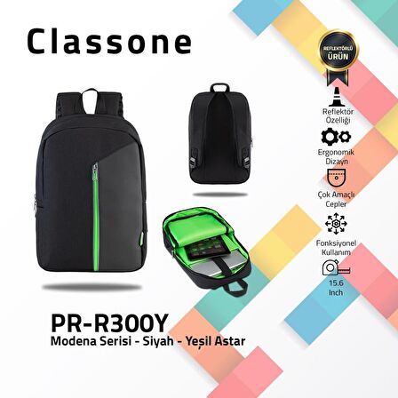 Classone Modena PR-R300Y 15.6"Reflektörlü Laptop Notebook Sırt Çantası