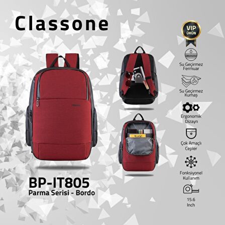 Classone BP-IT805 15.6 inç Parma WTXpro Su Geçirmez Kumaş Notebook Sırt Çantası Bordo